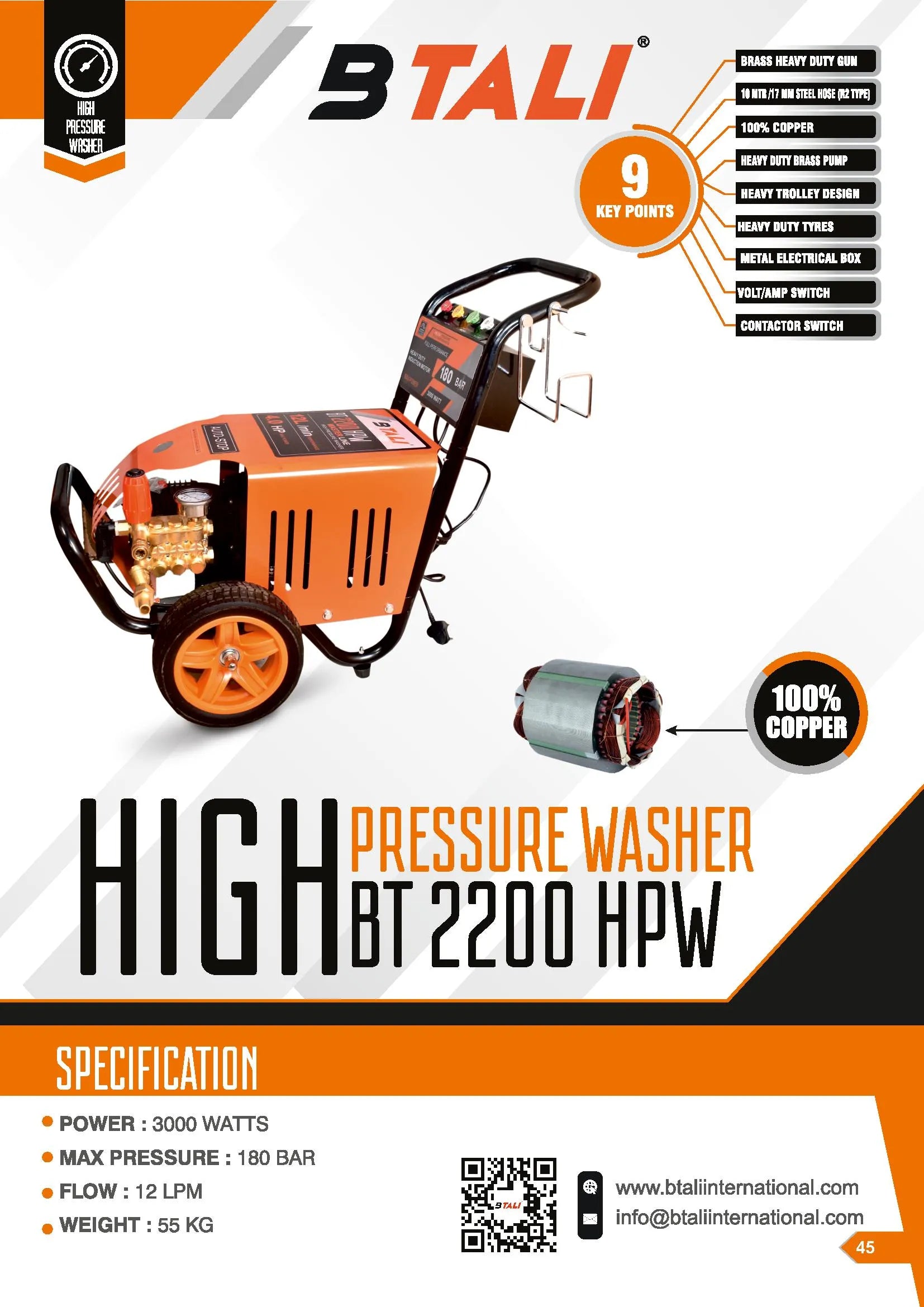 Trolley Pressure Washer Heavy Duty 4HP (MAX Pressure : 180 BAR) Model Number : BT-2200 HPW