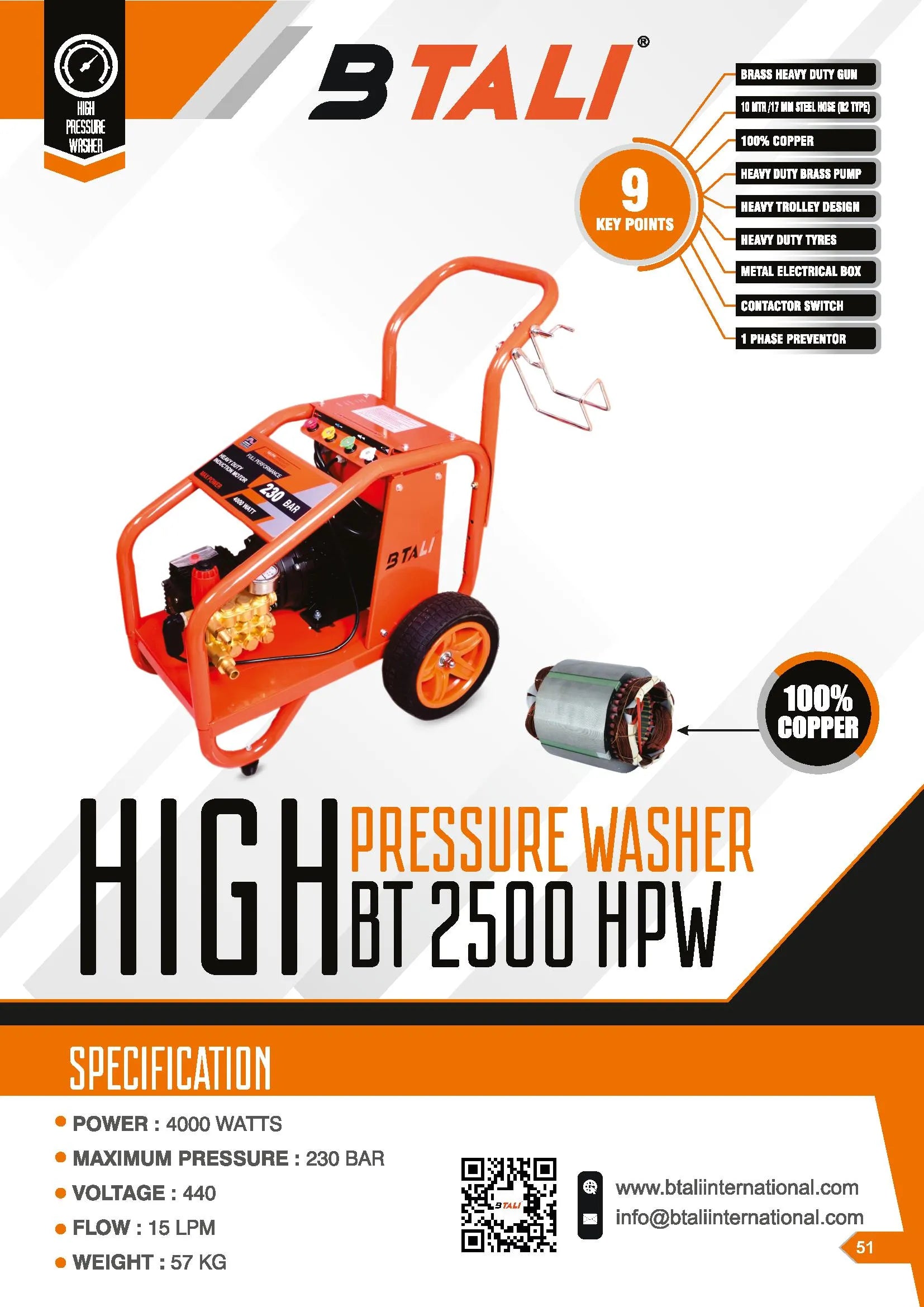 Trolley Pressure Washer Heavy Duty 4HP (MAX Pressure : 180 BAR) Model Number : BT-2200 HPW