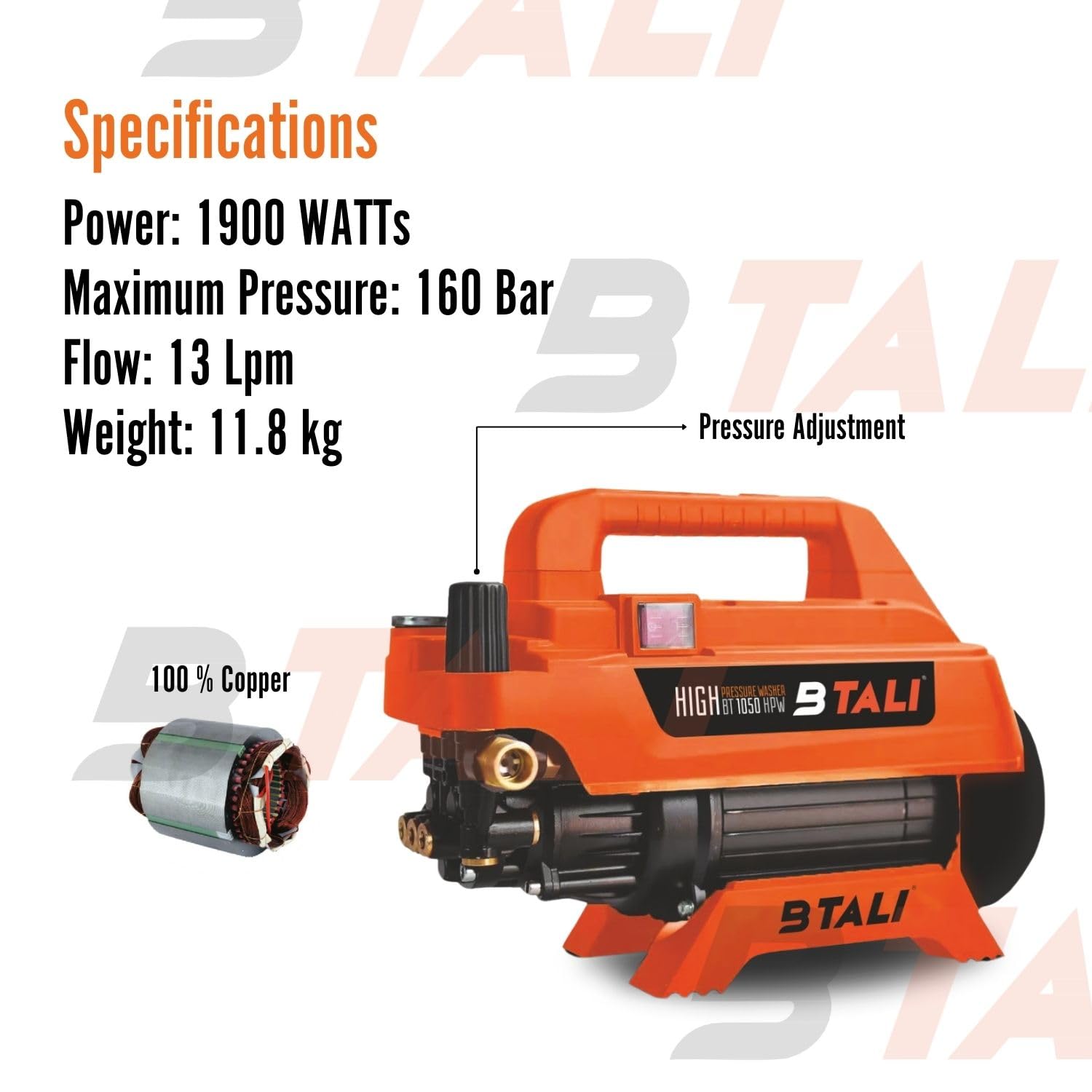 BT1050 High Pressure Washer, 1900W, 160 BAR, 13LPM, Foam Cannon, Heavy Duty Cleaning