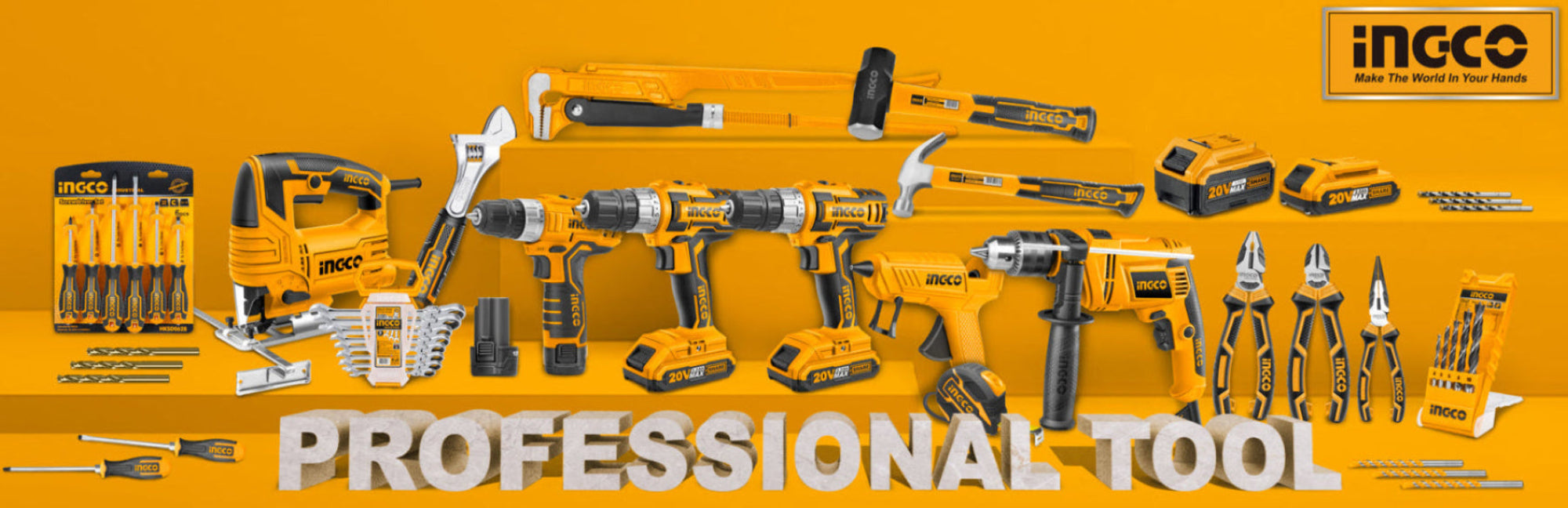 Collection of Ingco professional tools on a yellow background